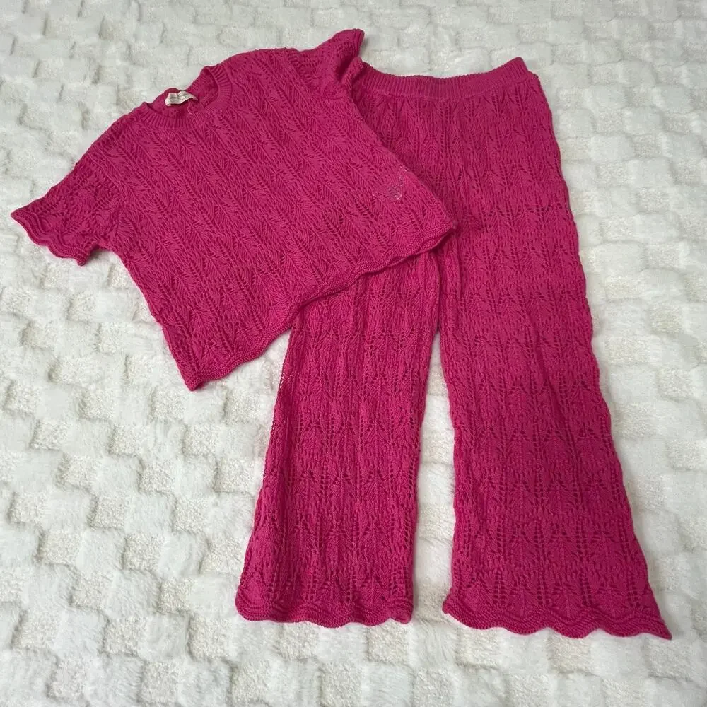 Jessica Simpson Girls Size 5 Pink Pointelle Knit 2 Piece Set Top Pants Lined